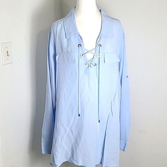 Calvin Klein Light Blue Longsleeve Top with Lace-up Front, Size 2X - Picture 2 of 10